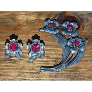 Harry Iskin Brooch Sterling Silver Earring Set Vintage Estate Red Stone